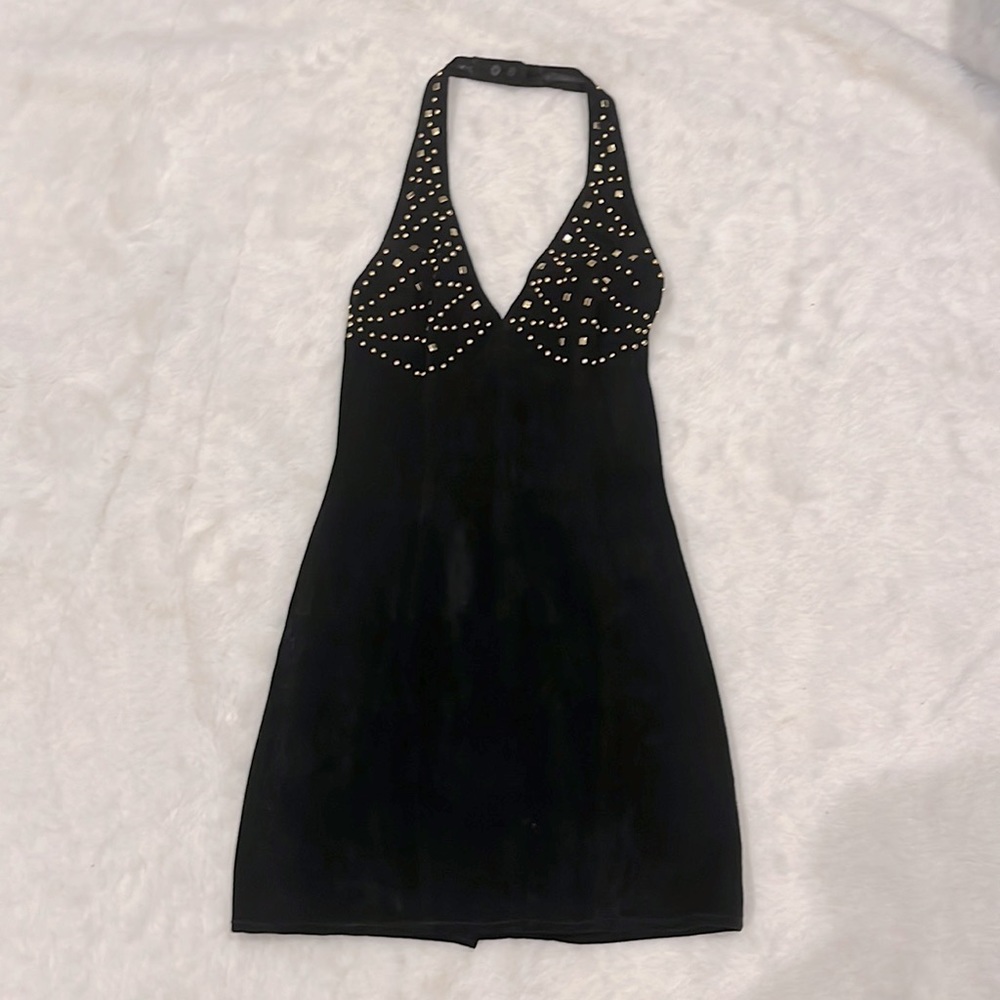 Vintage black suede halter dress with gold stud detail